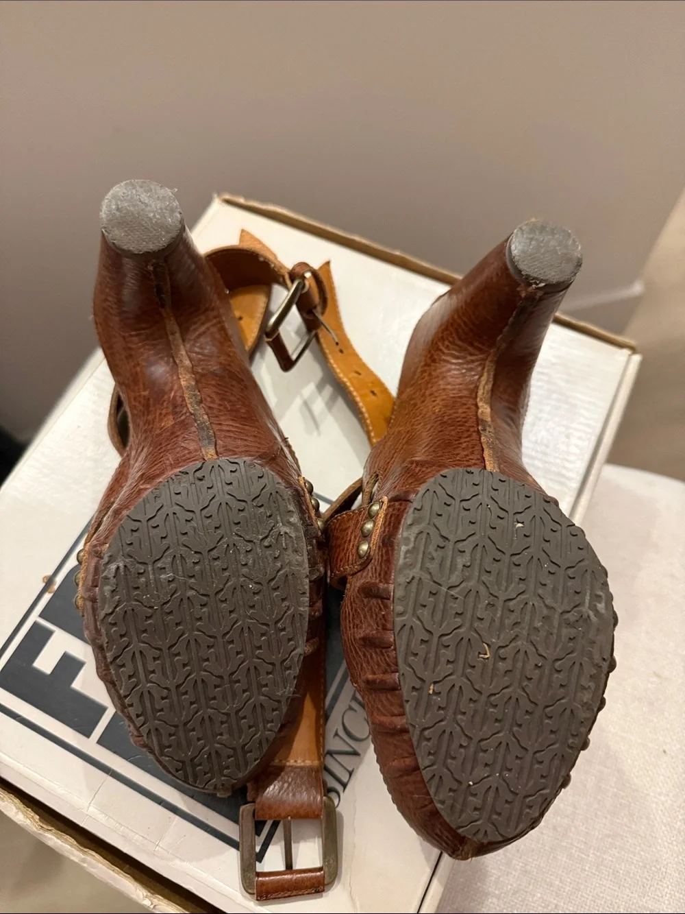 Frye Cognac Brown Leather Crisscross Wedge Sandals